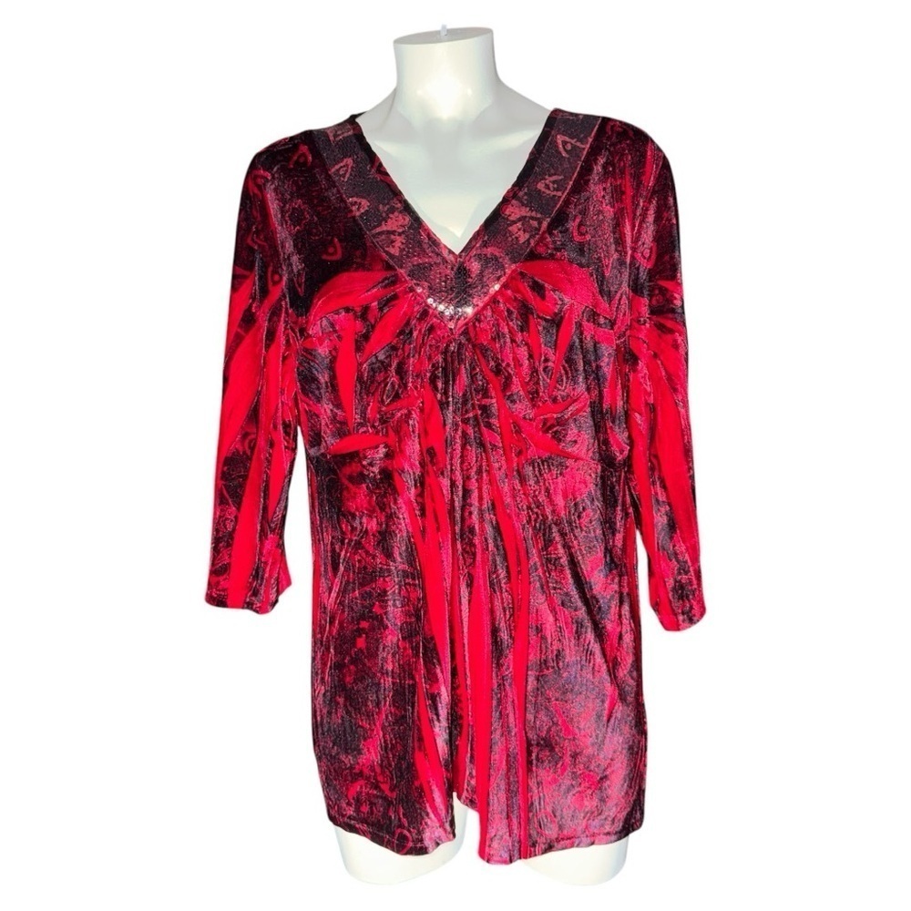 APT 9 Womens 2X Red Black Blouse Tunic V Neck Sequin Boho Dressy Top
